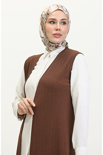 sefamerve 8726-05 Μοντέλο μακρύ καφέ απλό γιλέκο