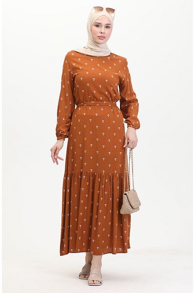 sefamerve Φόρεμα Tan Anchor Print and Sash - 0461-01