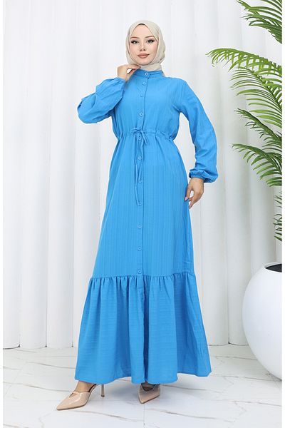 sefamerve Rochie albastră cu fustă adunată cu nasturi - 0351-02