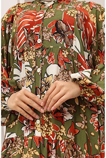 sefamerve Alaçatı Desen Düğmeli Elbise 2021-03 Haki Kiremit