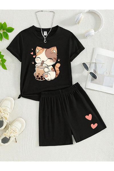vinraus Girl\Boy Black Milkshake Cat Printed Combed Cotton Shorts-Tshirt Set