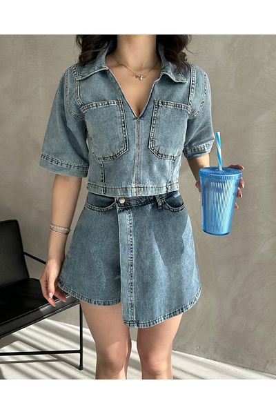Fav Style Bluză și pantaloni scurți pentru femei, cu mânecă scurtă, cu gât polo, costum de jos din denim, albastru