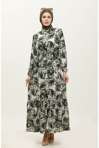 sefamerve Φόρεμα χακί μπεζ βισκόζη - Rana Palm Pattern 0342-01