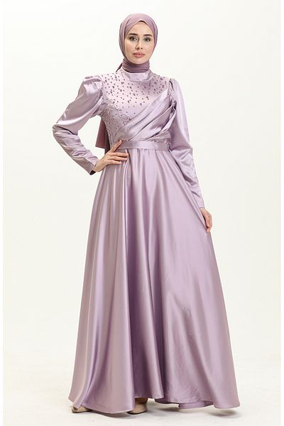 sefamerve Rochie de seara din satin liliac - Rochie cu perle 5650-01