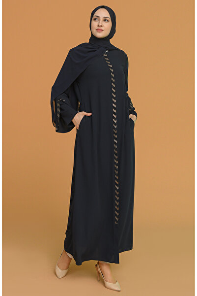 sefamerve Büyük Beden Taş Şeritli Ferace 5053-01 Lacivert