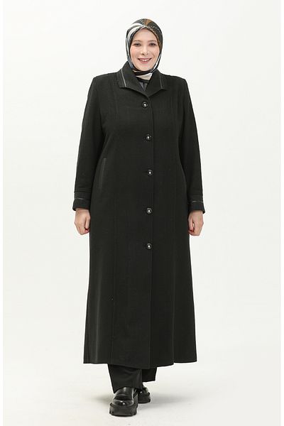 sefamerve Μαύρο μανδύα με στάμπα - Plus Size, Ολόσωμο κουμπιά 0329-01