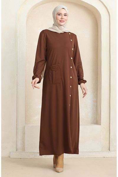 sefamerve Brown Dress with Buttons and Pockets, Model 3029-06