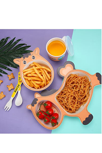 COOYA Kids Dinnerware Set, 5-Pieces, BPA Free Bamboo Fiber Material Perfect for Kids(Horse)