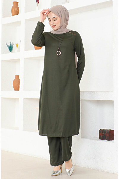 sefamerve Khaki Necklace Tunic and Trousers Set - 0580-04