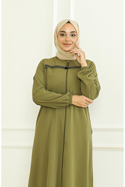 sefamerve Khaki Ferace - Elastic Sleeve and Zipper, Model 0475-06