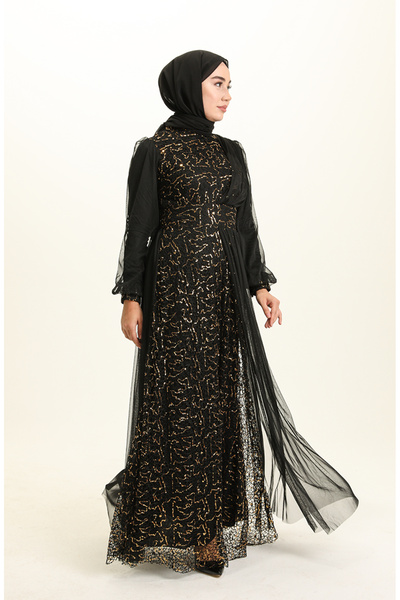sefamerve Payetli Abiye Elbise 5696-09 Siyah Gold