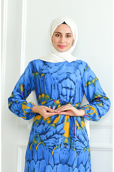 sefamerve Φόρεμα μπλε βισκόζης - με μοτίβο και φύλλο 0496-04