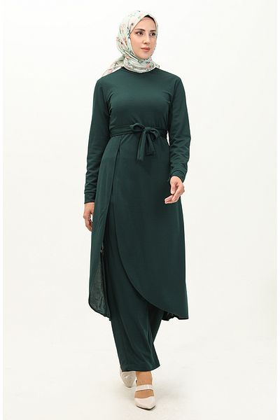 sefamerve Emerald Green Tunic and Pants Σετ δύο τεμαχίων - Λεπτομέρεια με σχισμή 0664-01