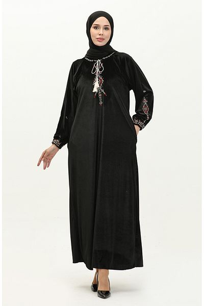 sefamerve Μαύρο Velvet Plus Size Φόρεμα με Λεπτομέρεια Κεντήματος - 24K9058-03