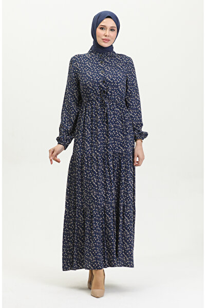 sefamerve Navy Blue Viscose Μικρό Floral Φόρεμα - 0391-01