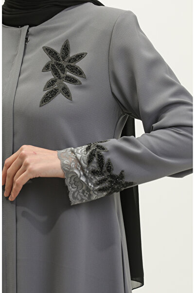 sefamerve Gray Embroidered Large Size Lace Ferace 5065-05