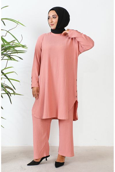 sefamerve Plus Size 2658-11 Model Yavruağzı - Σετ χιτώνα και παντελόνι με πέτρα