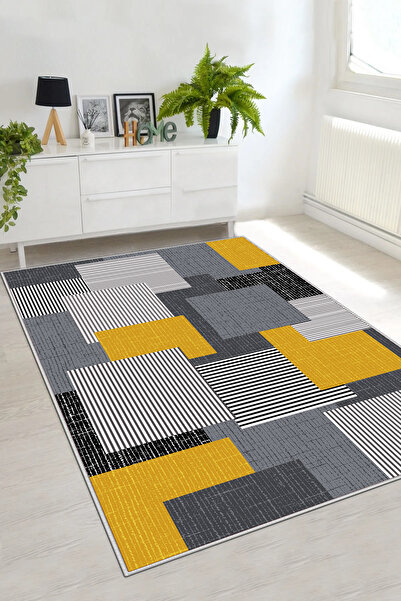 df home Salon Halısı Geometrik İskandinav Eskitmeli Dijital Baskı Yıkanabilir...