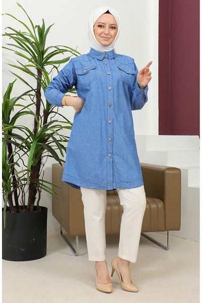 sefamerve Cămașă lungă din denim cu nasturi - 30361-02 Albastru