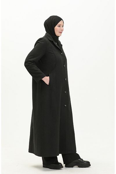 sefamerve Μαύρο μανδύα με στάμπα - Plus Size, Ολόσωμο κουμπιά 0176-01