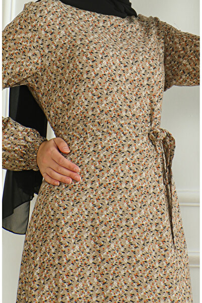 sefamerve Desenli Kuşaklı Viskon Elbise 0508-05 Vizon