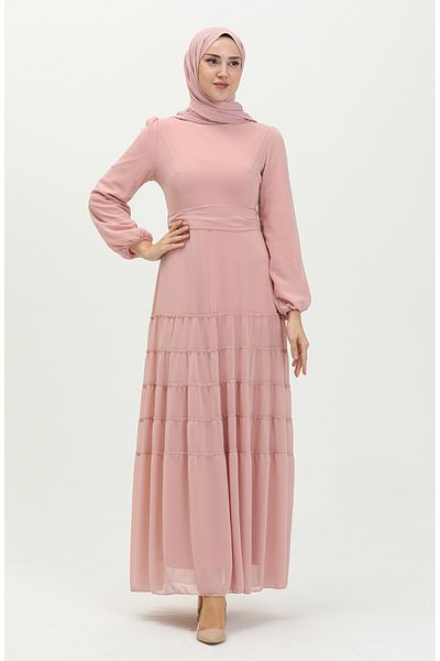 sefamerve Powder Color Gathered Evening Dress - 5712-03