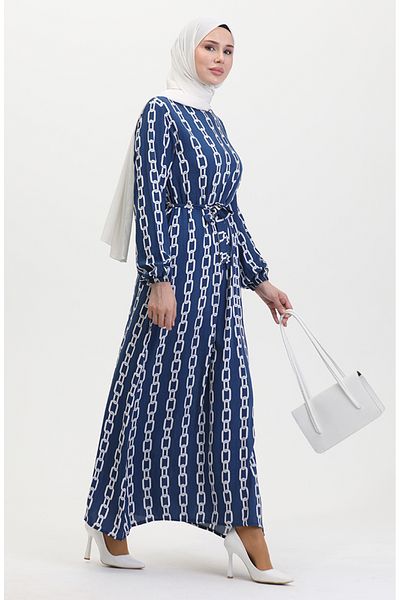 sefamerve Rochie cu mâneci elastice cu model lanț albastru - 0453-02