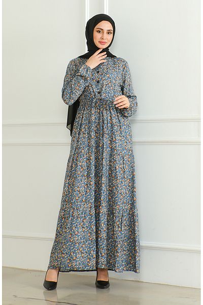 sefamerve Φόρεμα Indigo Viscose - Μισά κουμπιά και στάμπα 0500-05