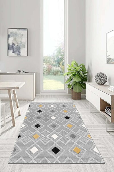 UZZA Salon Halısı Geometrik İskandinav Eskitmeli Dijital Baskı Yıkanabilir Ka...