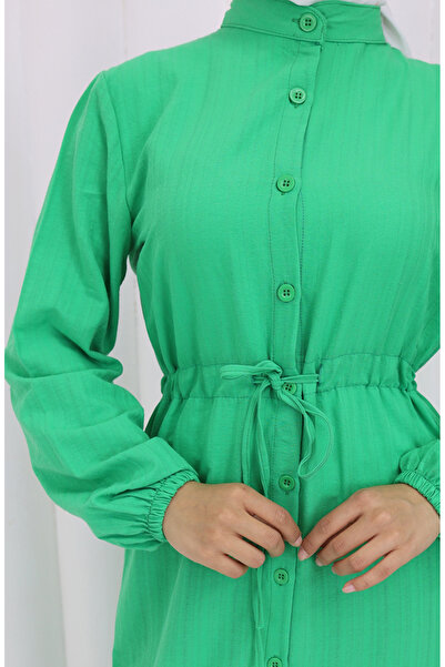 sefamerve Πράσινο φόρεμα με κουμπιά και μαζεμένη φούστα - 0351-04