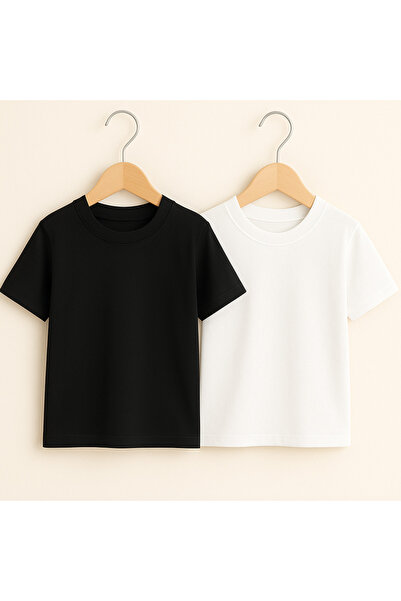 Hilal Akıncı Kids Unisex Basic Crew Neck 2-Piece Black Whitet-Shirt