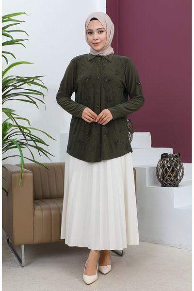 sefamerve Πουκάμισο Χακί Stone Sandy - Plus Size 3600-06