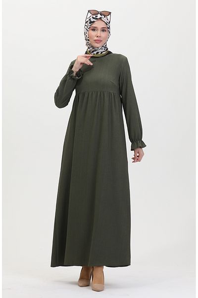 sefamerve Khakifarbenes Kleid mit Rüschenärmeln und Kordelzug – 1011-02