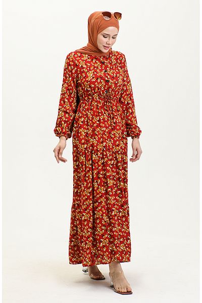 sefamerve Φόρεμα Claret Red Mustard Viscose - Floral Print, Μοντέλο 0426-02