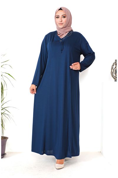 sefamerve Navy Blue Stone Printed Plus Size Χτενισμένο Βαμβακερό Φόρεμα - 4932-09