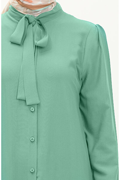 sefamerve Kravat Yaka Düğmeli Elbise 5111-08 Su Yeşili