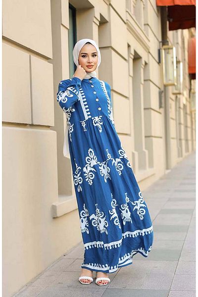 sefamerve Indigo Tile Patterned Dress - 4100-03