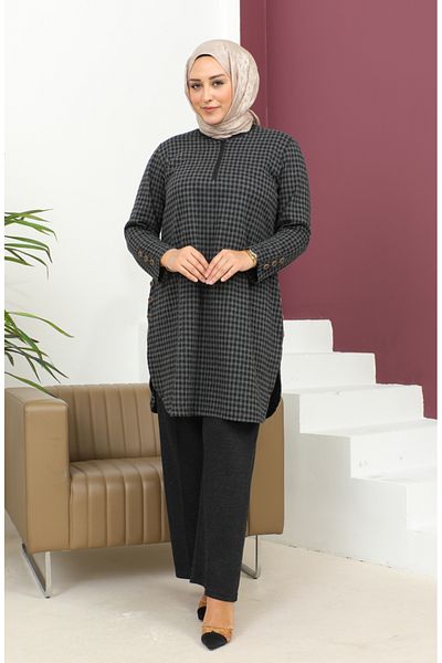 sefamerve Μαύρο Plus Size Διπλό Σετ - Houndstooth με μοτίβο 2692K-01