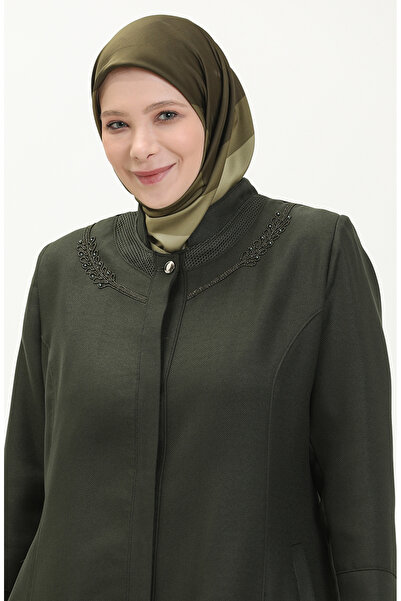 sefamerve Büyük Beden File Detaylı Cepli Pardesü 0470-06 Haki