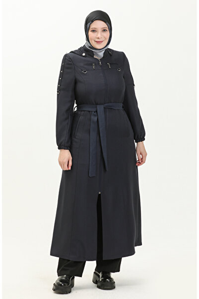 sefamerve Пальто з капюшоном на блискавці для великих розмірів 0478-05 Синій