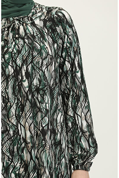 sefamerve Viscose Patterned Plus Size Dress - 44851M-03 Black Khaki Green