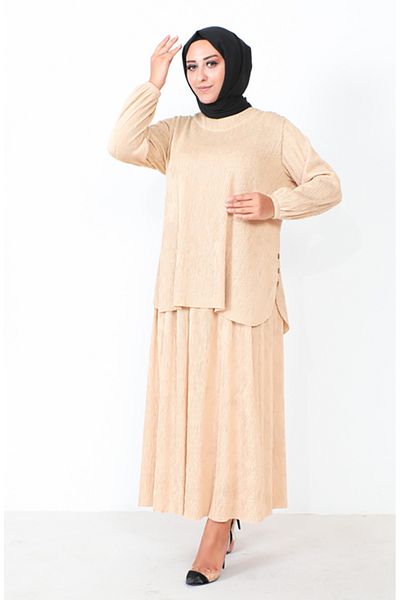 sefamerve Σετ δύο τεμαχίων Plus Size - Πλισέ χιτώνα και φούστα 2606-06 ανοιχτό μπεζ