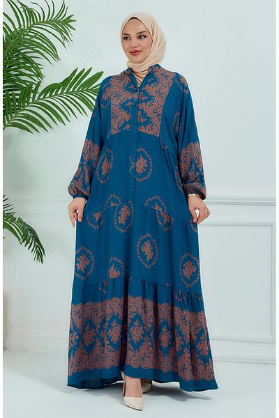 sefamerve Rochie cu mâneci cu balon de culoare benzină 5585-01