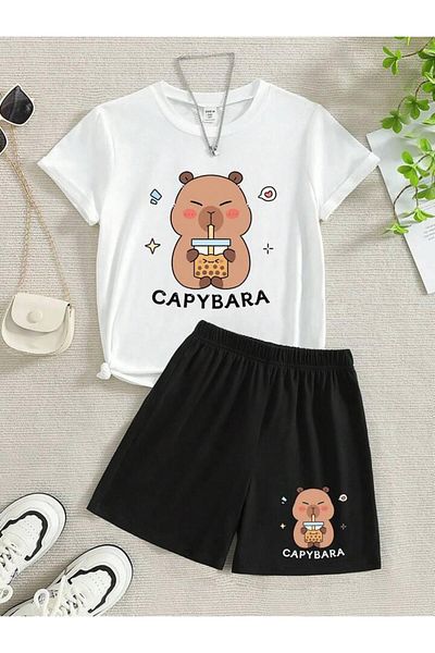 vinraus Girl\Boy White-Black Milkshake Capybara Printed Combed Cotton Shorts-Tshirt Set