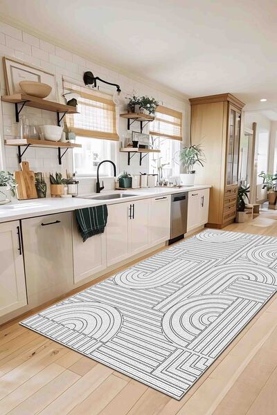 df home Mutfak Halısı Geometrik İskandinav Eskitmeli Dijital Baskı Yıkanabili...