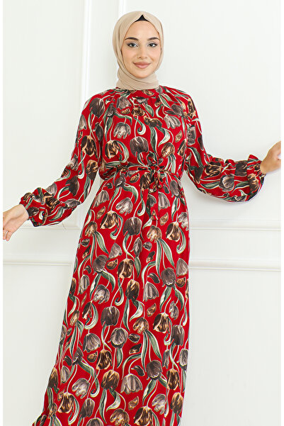sefamerve Desenli Kuşaklı Elbise 0467-01 Bordo