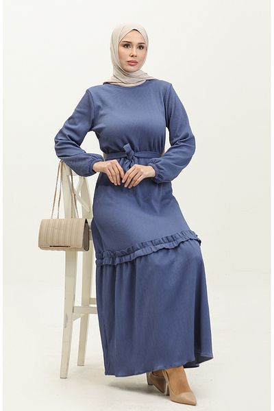 sefamerve Indigo Belguzar Gerafftes Kleid – NZR003A-08