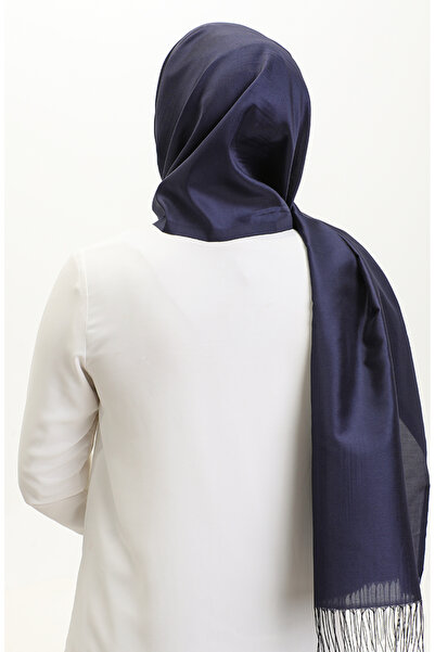 sefamerve Σάλι ταφτά με φούντα Navy Blue - 1267-42