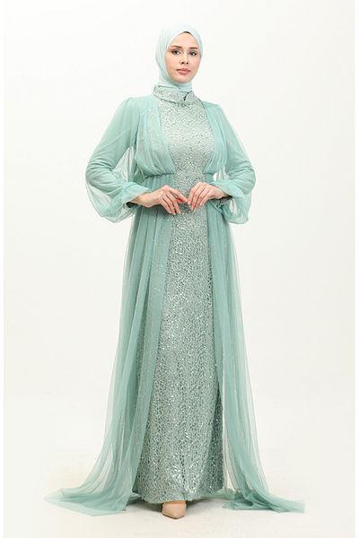 sefamerve Βραδινό φόρεμα Water Green Sequined - 6383A-08