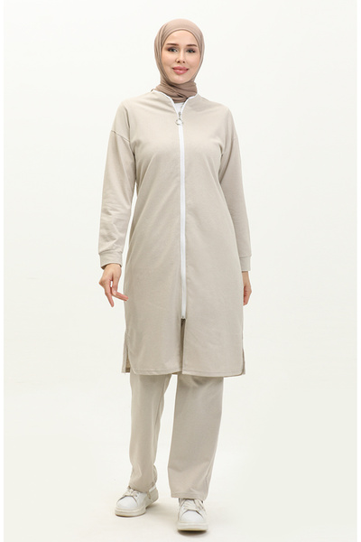 sefamerve Beige Color Zippered Tracksuit Set - 3044-07